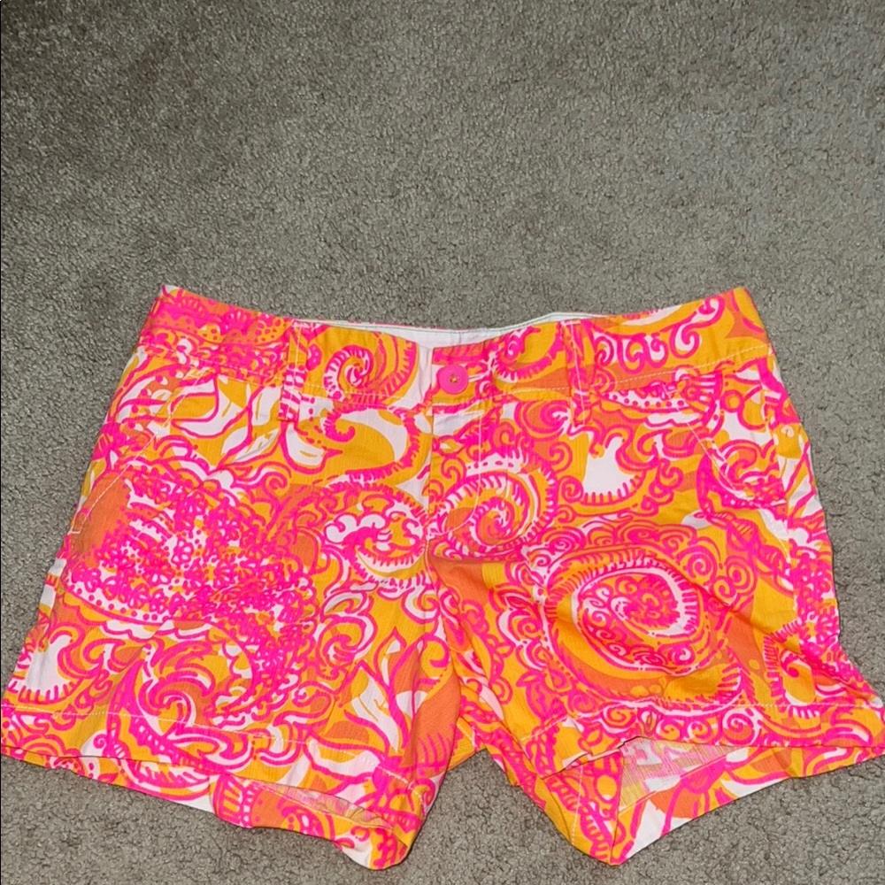 Lilly Pulitzer Pink and Orange Bermuda Shorts with Paisley Print